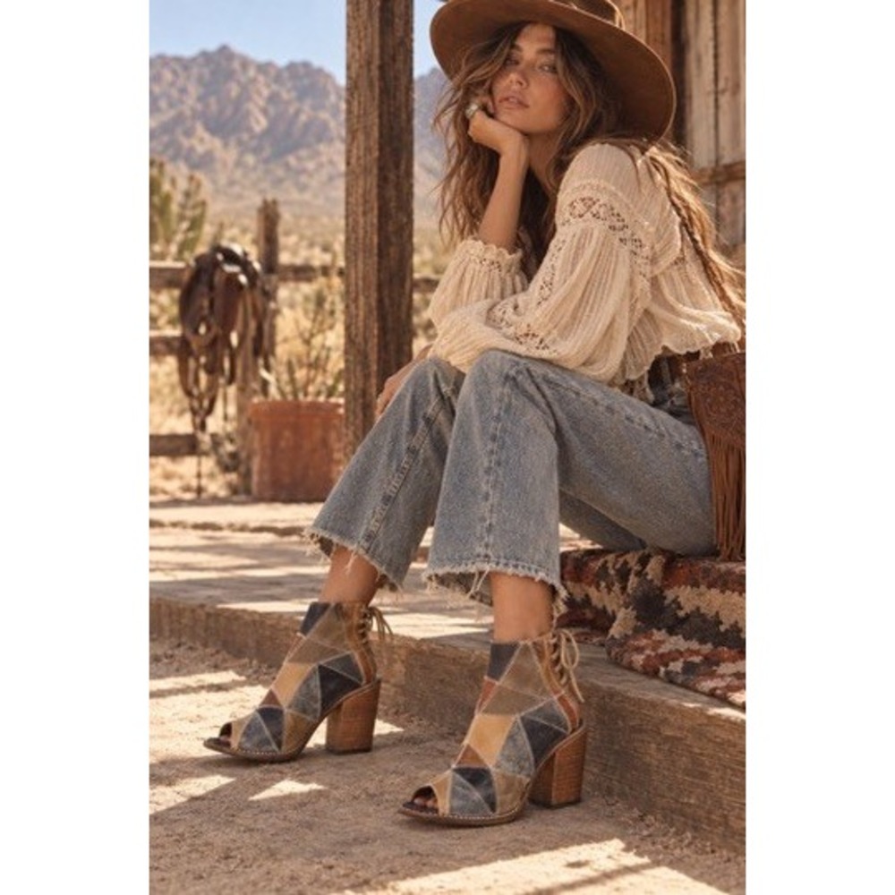 Freebird by Steven FB-BAY Patchwork Leather Open Toe Lace Up Booties Womens 8